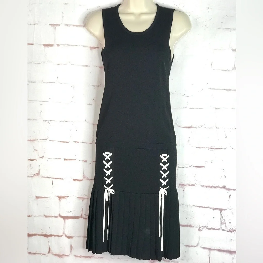 PARKER XS Kennedy Black Knit Pleated Skirt Drop Waist Lace Up Ties Tank Dress XS - Picture 8 of 16